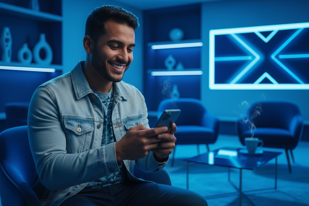 un hombre de colombia  en un entorno de tonos azules comprando desde su celular sonriendo 